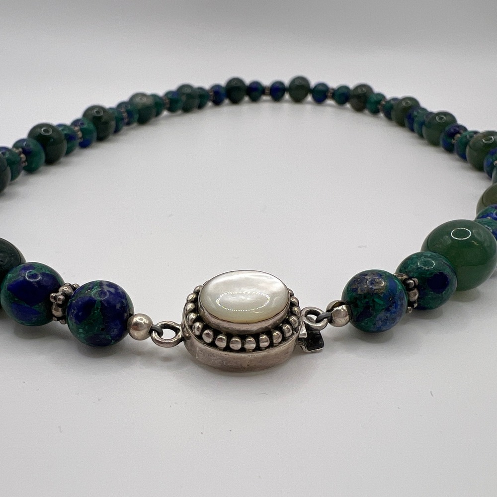 VTG 925 Sterling Azurite Malachite Moss Agate Mother of Pearl Beaded Necklace - Picture 5 of 13